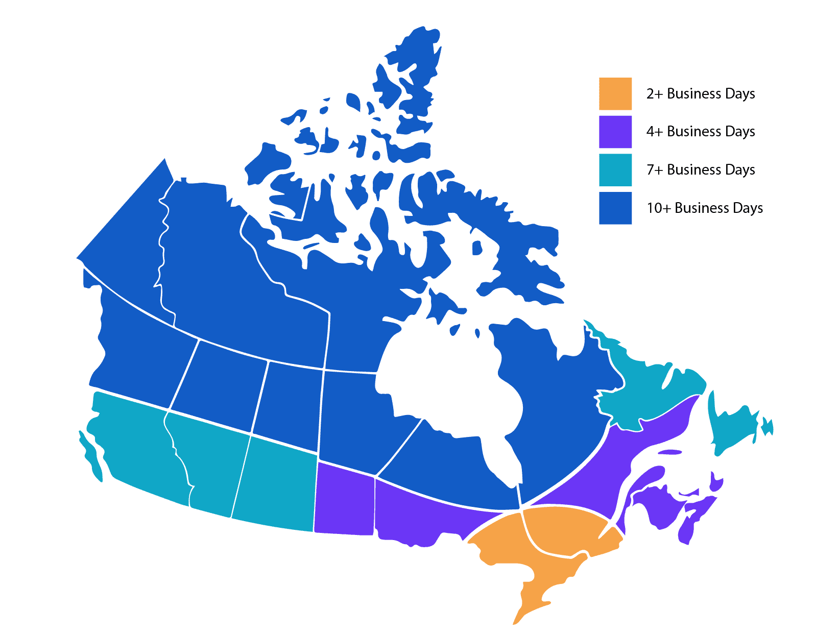 Canada delivery map showing estimated shipping times by region
